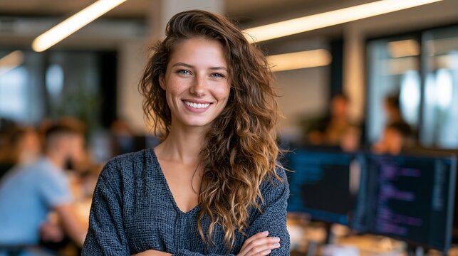 A confident young woman standing in a modern office with her arms crossed smiling