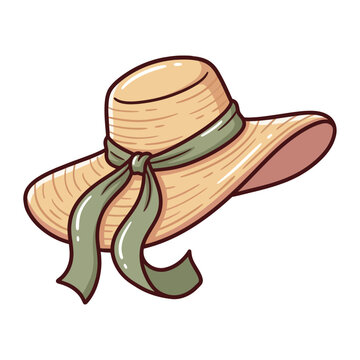 A straw hat with a green ribbon is perfect for summer and travel in warm weather
