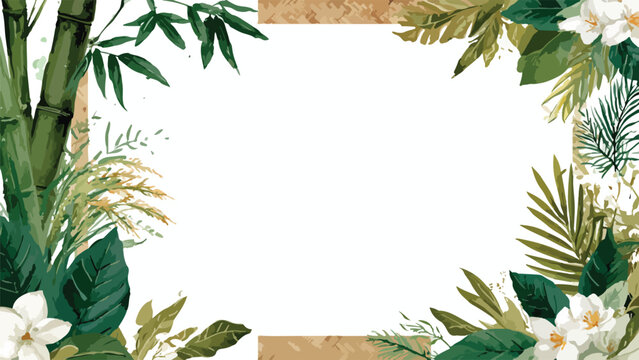 Decorative Vector Background Frame with Tropical Leaf and Flower Elements in Organic Style