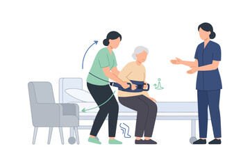 Fototapeta premium Elderly caucasian female assisted by caregivers in mobility transfer.