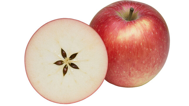 Whole red apple and a half apple showing star-shaped seeds, isolated on transparent background