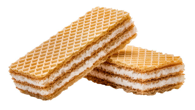 Crispy wafer cookies with creamy white filling stacked
