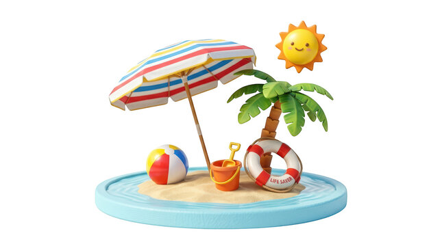 3d render of a miniature tropical beach island with umbrella, palm tree, sun, and beach toys isolated on transparent background