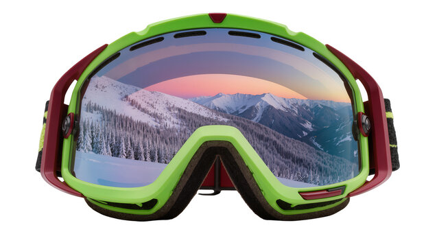 Ski goggles with reflection of snowy mountains and sunset sky