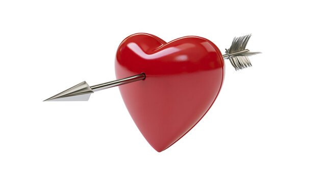 Shiny red heart pierced by a metallic arrow, isolated on transparent background