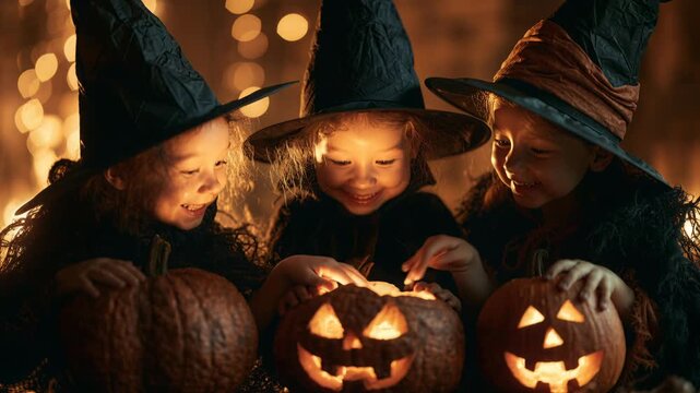 Children in witch costumes celebrate Halloween with pumpkins and smiles in a cozy setting