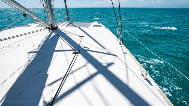 Catamaran deck sailing on open turquoise sea.