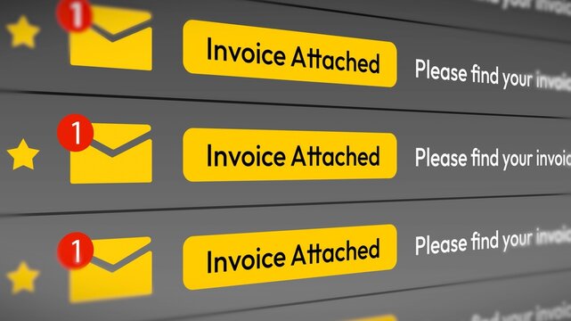 Email notification with attached invoice and unread message alerts for business communication, finance concept