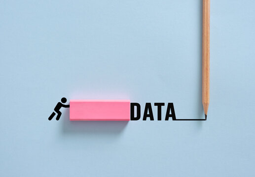 Stick figure erasing data with a pink eraser from a light blue surface