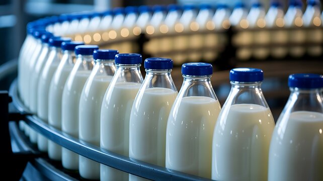 Milk Bottles on Automated Dairy Production Line in Modern Food Processing Factory