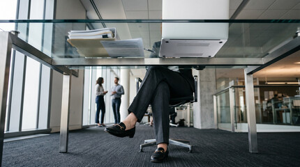 Obraz premium Business legs under glass desk in modern office setting.