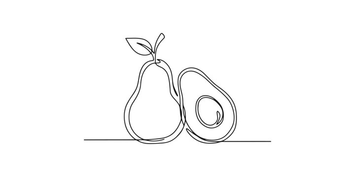 Continuous single line drawing of fresh avocado fruit with a leaf and half cut slice with pit inside