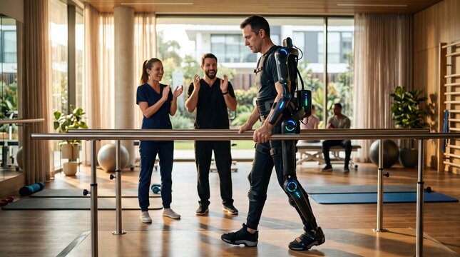 Male patient wearing advanced robotic exoskeleton suit with glowing blue lights walking between parallel bars while two smiling physiotherapists applaud during rehabilitation session indoors.