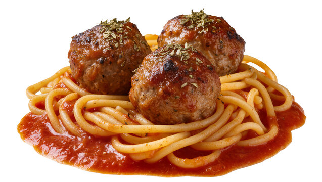 Spaghetti with three beef meatballs in tomato sauce and herbs