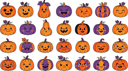 Naklejka premium Cute Halloween Pumpkin Faces Vector Set with Spooky Expressions