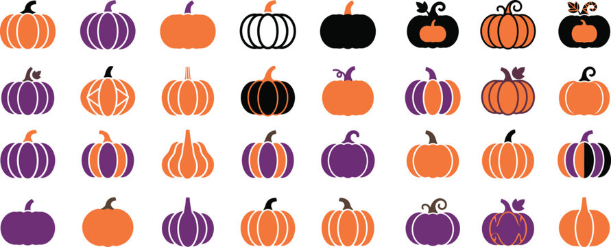 Halloween Pumpkin Vector Set with Diverse Autumn Flat Elements