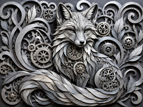 Detailed steampunk paper cut fox surrounded by gears, leaves and ornamental swirls in silver gray tones on a dark background, perfect for fantasy, mechanical wildlife, gothic decor and intricate anima
