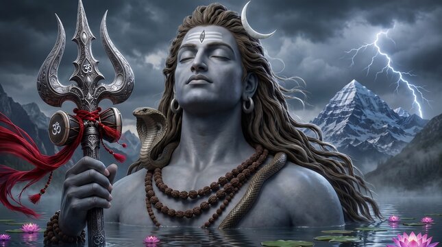 Lord Shiva Meditating with Sacred Trident and Vasuki Serpent Before Mount Kailash Under Storm Clouds and Lightning, Symbolizing Hindu Spirituality, Divine Power, Inner Peace, Yoga and Meditation