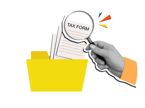 A person look at tax form in yellow folder through magnifying glass. Modern collage style. Illustration on a transparent background