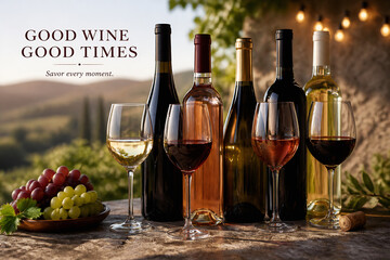 Obraz premium A collection of wine bottles and glasses, along with grapes, are displayed on a rustic wooden surface outdoors at dusk.