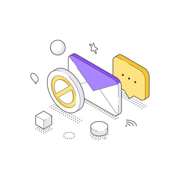 Isometric vector illustration of spam email. A concept for electronic mail security, blocking junk messages, phishing protection, and filtering unwanted digital communication