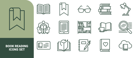 Set of 15 outline book reading and library symbols including open books, bookshelves, reading glasses, and digital tablet devices © ico-vect
