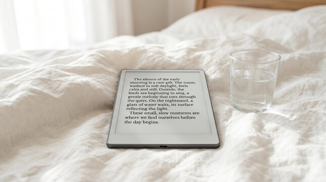 Digital book reader on bed next to water.