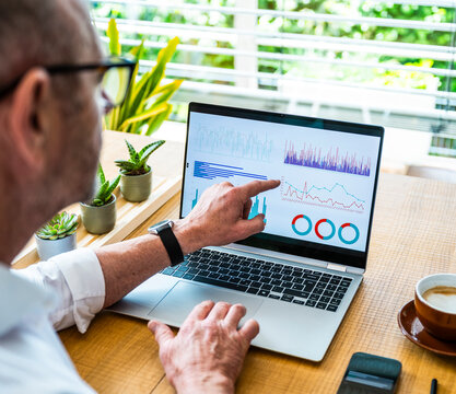 Businessman points at data chart on notebook screen in the office