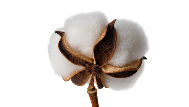 Cotton boll with fluffy white fibers and brown seed pods