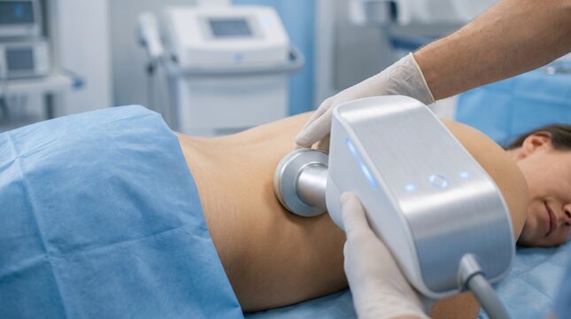 Urologist adjusting lithotripsy device on patient&rsquo;s flank during noninvasive kidney stone treatment in modern urology clinic