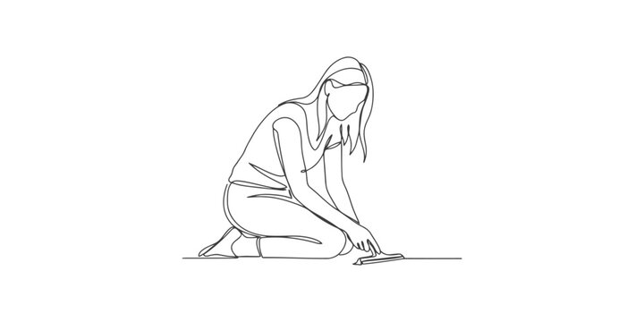 Continuous line drawing of a woman cleaning the floor with a squeegee tool