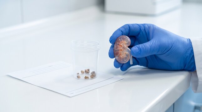Urologist in blue gloves holding kidney anatomical model beside specimen cup with kidney stones, concept of nephrolithiasis diagnosis and treatment