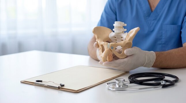 Doctor in blue scrubs holding male pelvis anatomical model during urology consultation, with stethoscope and clipboard on clinical desk