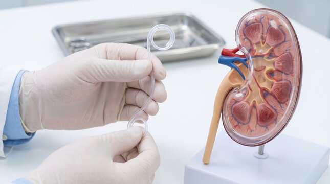 Urologist in gloves holding ureteral stent beside kidney anatomical model, concept of urinary tract obstruction, kidney stones and urology treatment