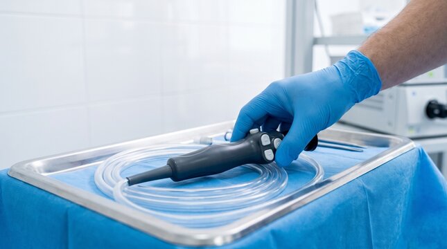 Gloved urologist placing cystoscope control handle with tubing on sterile tray, preparation for cystoscopy and endoscopic urinary tract examination
