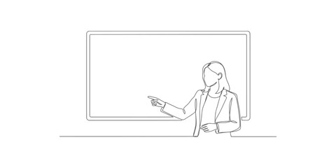 Continuous line drawing of a female teacher pointing at a blank blackboard in a classroom © Kartik