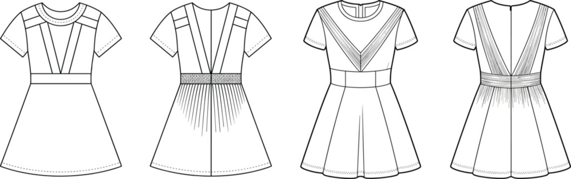 Women's short-sleeve dress tech pack vector sketch template front and back view isolated on white background fashion mockup
