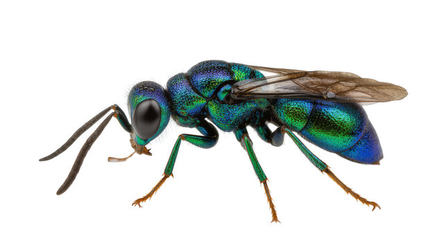 Metallic green blue cuckoo wasp insect with large compound eyes