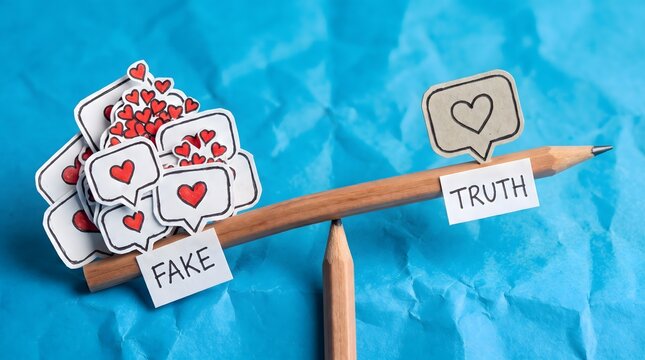 Two pencils forming a balance scale on blue background, with a heavy pile of like and heart icons labeled FAKE outweighing a single heart icon labeled TRUTH, symbolizing misinformation, social media