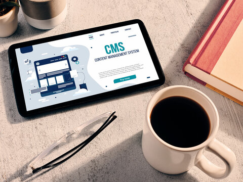 Tablet displaying content management system on desk