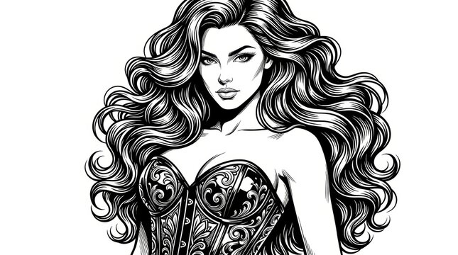 A confident fictional woman with voluminous wavy hair, wearing an elegant glossy corset and styled in refined high-fashion aesthetics, posed with poise and strong visual presence. 
