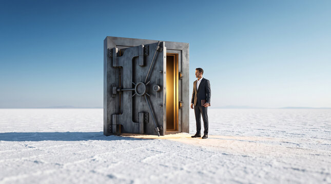 Businessman near an open steel vault door on a white salt flat, representing secure wealth management and exclusive financial opportunity