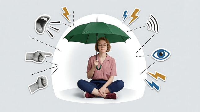 Person sitting under an umbrella protecting from negative social pressure