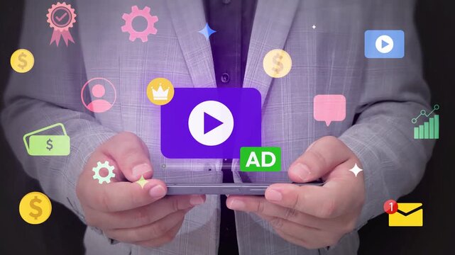 Businessman with smartphone and digital marketing shapes for online video ad strategy, 4k animation