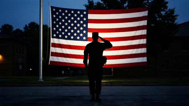 Soldier saluting american flag at dusk, silhouette against red, white, and blue stripes