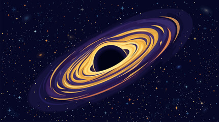 Black Hole with Glowing Golden Accretion Disk in Deep Space, Flat Design Vector Illustration of Cosmic Phenomenon, Starry Galaxy Background with Rich Indigo Tones and Abstract Celestial Energy © Meylanistudio