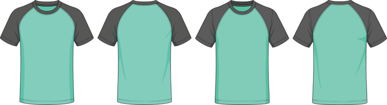 Blank raglan t-shirt technical fashion illustration template with front and back views in mint green and dark grey