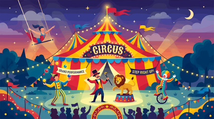Circus Tent with Performers and Acrobats at Night, Colorful Big Top with Ringmaster Juggler and Clown, Festive Fairground Atmosphere with String Lights and Audience, Flat Vector Illustration © Meylanistudio