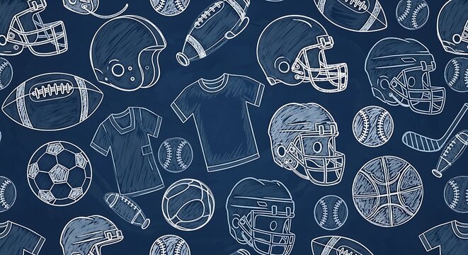 Seamless pattern with hand drawn sports equipment like football helmets and balls on purple background