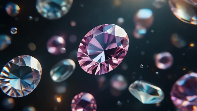 Glowing Pink Diamonds and Luminous Purple Energy Spheres on Dark Space Background with Bubbles, Plasma Light Effects and Neon Glow Abstract Wallpaper Design